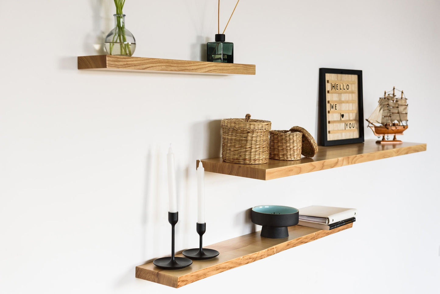Walnut Floating Shelves with Rounded Corners,Natural Wood Oak Shelf,Living Room Decor,Bracketless Shelving,Wooden Bookshelf,Different Styles